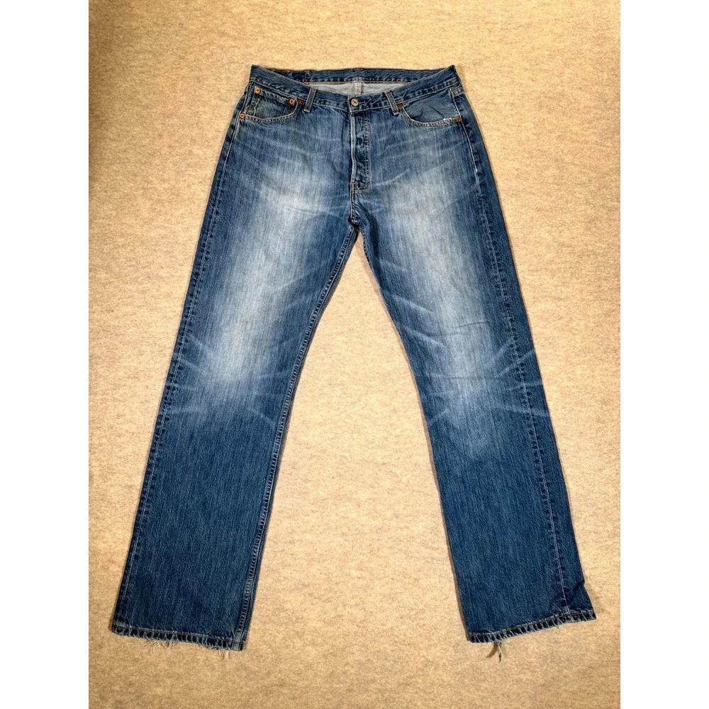 Levis 501 Jeans Mens 36x34 Blue Whiskering Denim Cotton Straight‎ Leg Button Fly